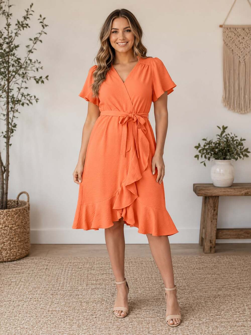 Luxology Coral Faux Wrap Ruffle Midi Dress Short Sleeve Tie Waist Women’s M
